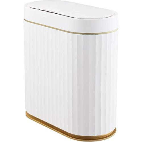Motion Sensor Trash Can - ELPHECO 9.5 litres Waterproof Motion Sensor Trash Can, 2.5 Gallon Bathroom Trash Can, Garbage Bin for Kitchen and Office Use, White with Golden Trim