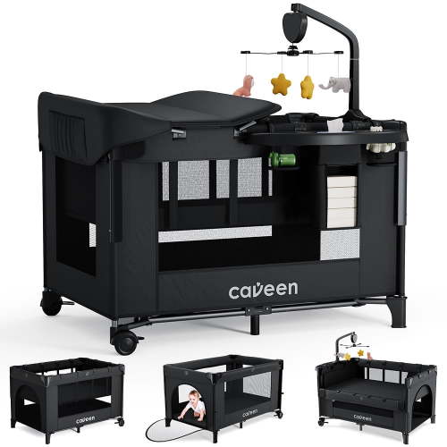 Caveen Baby Bassinet, 5 in 1 Playard with Changing Table, Bedside Sleeper and Storage, Black