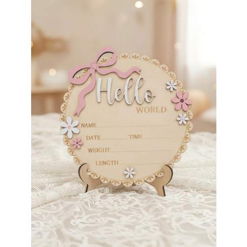 Pink Floral Newborn Baby Girl Birth Announcement Wooden Plaque, Includes Baby's Name, Date, Time, Weight, Length Information, Suitable For Baby Girl's Room Decor, Photo Props, Collection & Keepsake