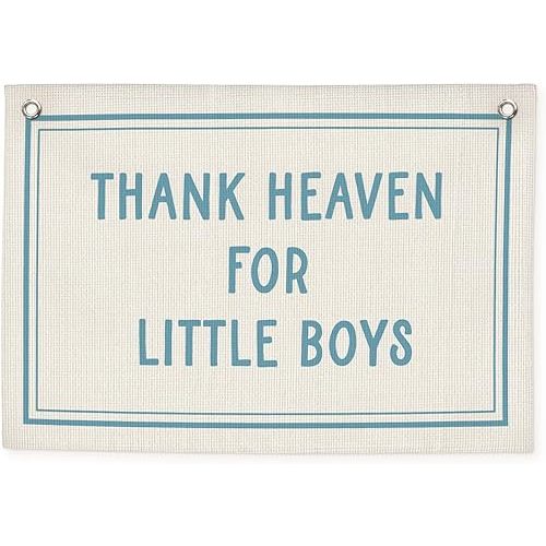 Boys Nursery Decor – Thank Heaven for Little Boys Linen Banner, Baby Shower, Vintage Canvas Wall Hanging, Blue Baby Room Decoration, 20x30 Inch