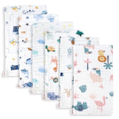 Maliton 6 Pack Baby Muslin Burp Cloth for Boys & Girls - 100% Cotton Extra Large 20"x10" - 6 Layers Thicken Super Soft Absorbent - White Animal