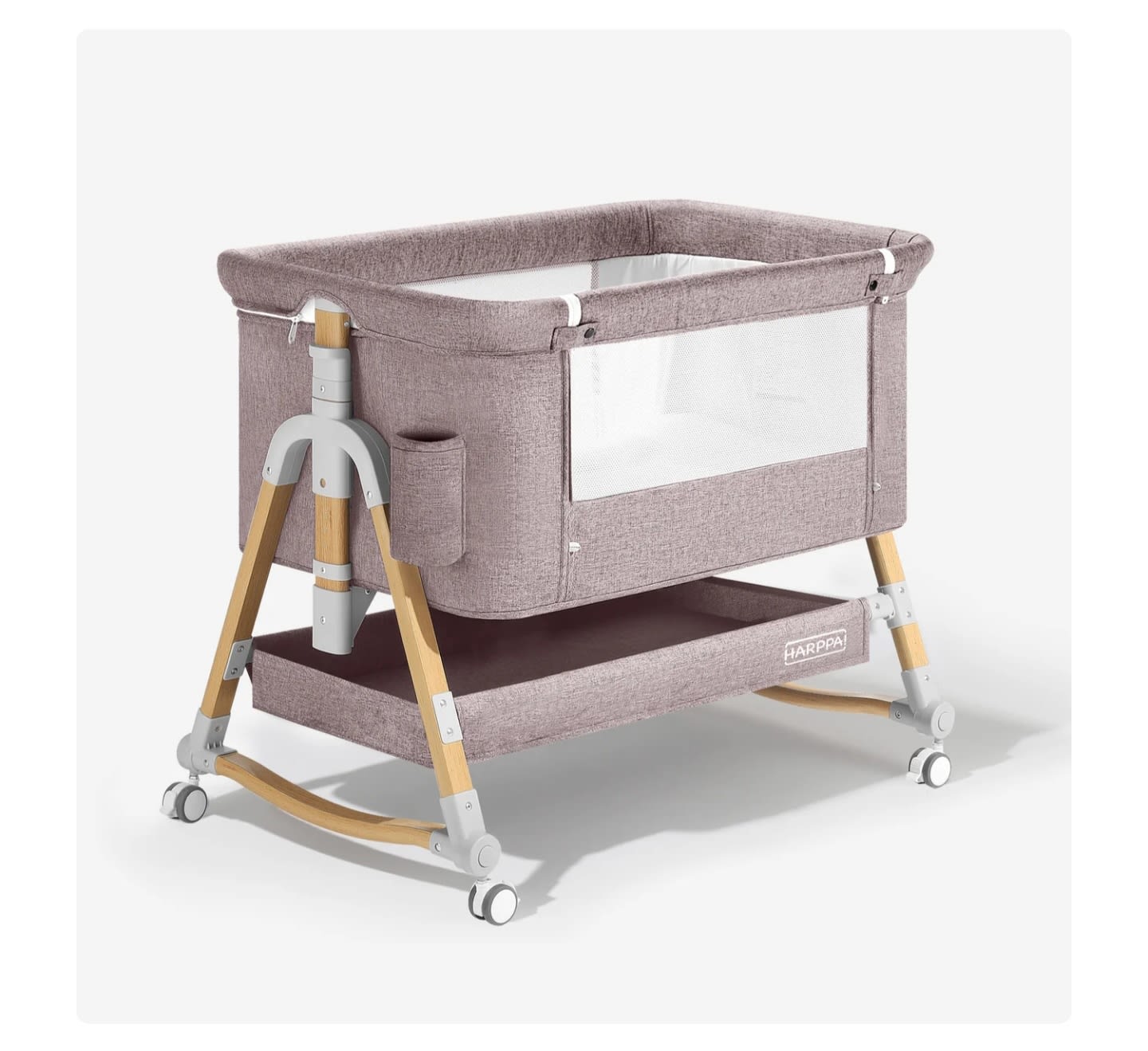 HARPPA Cuddly 3-in-1 Baby Bassinet Bedside Sleeper for Reflux | Attaches to Bed, Adjustable 5 Heights, Non-Toxic & CPSC Certified | Sturdy Aluminum Frame, Portable Wheels, Tool-Free Setup, Gentle Rocking | Perfect for Newborns, Infants, Small Spaces & Saf