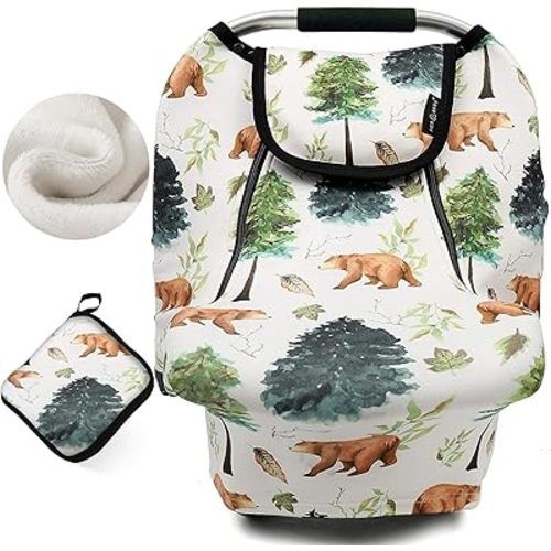 ACRABROS Car Seat Covers for Babies,All Season Infant Carseat Cover Canopy for Boys and Girls,Super Stretchy Adjustable Peeping Window with Mesh Cover,Warm Breathable Universal Fit,Forest Bear