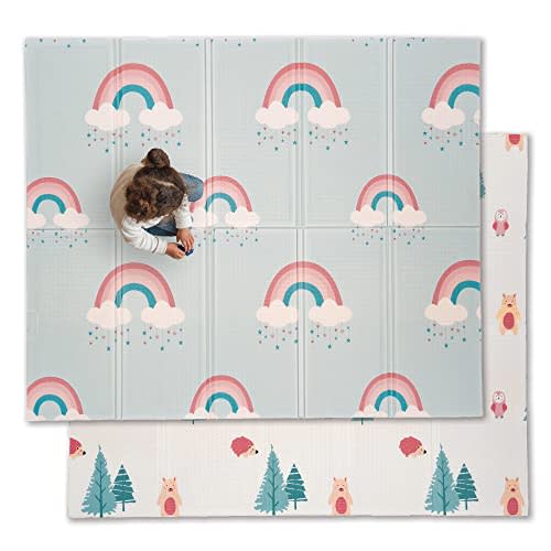 JumpOff Jo Baby Play Mat - Large Folding Foam Play Mat for Infants, Babies, Toddlers, Waterproof, Double-Sided (70" x 59") - Woodland Rainbow