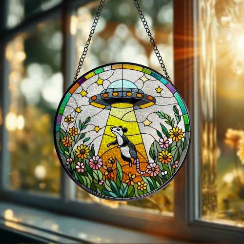 Mother&#39;s day gift set 2025 - UFO Abduction Opossum Wildflowers Glass Suncatcher - Funny Gifts for Window Hanging, Indoor Decor, Opossum Sign