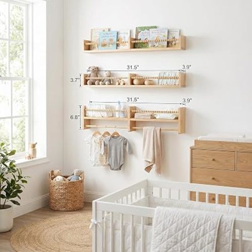 Nursery Shelves for Wall – Nursery Book Shelves with Hanging Rod – Set of 3 Wooden Wall-Mounted Shelves, Rounded Edges, Nursery Bookshelf for Kids Room Decor, 31.5" x 3.9" x 3.7"