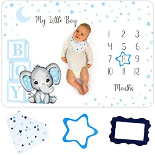 Baby Monthly Milestone Blanket Boy - Premium Extra Soft Fleece Blanket for Baby Shower - Newborn Month for Baby Boy Nursery Decor - Capture Baby Growth - with Baby Bib + 2 Frames