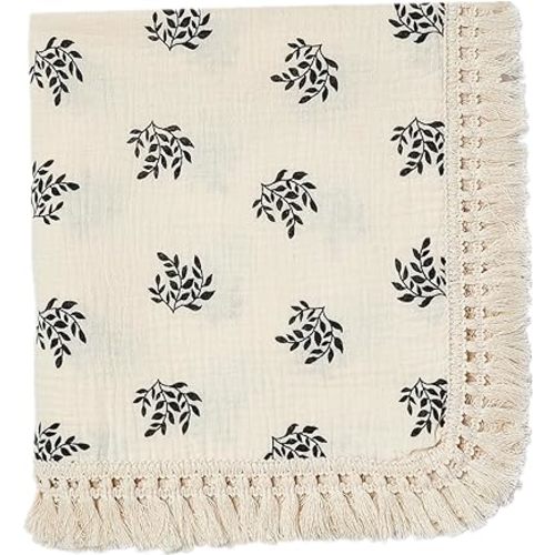 insular Cotton Muslin Baby Blanket with Tassel, Boho Bohemian Muslin Swaddle Blanket Baby Receiving Blanket with Fringe, Nursery Decor Throw or Nursing Blankets, 47" x40”, Black Leaf