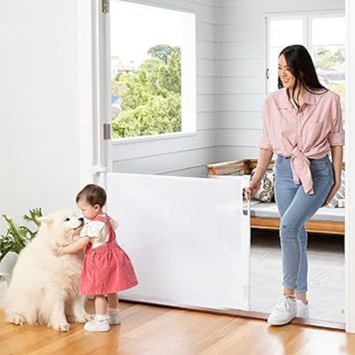 Retractable Baby Gate Perma Child Safety 33" Tall x 71” Wide, Mesh, for Stairs, Doorways, Dogs, Pets, Indoor, Outdoor, One-Handed Operation, Locking, Easy Install, Hardware Mount, White
