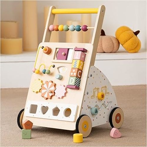 Wooden Baby Walker with Activity Center – Montessori Push Walker Toys for Boys & Girls 18 Months+ – Educational Toddler Learning Walker with 10-in-1 Sensory Games