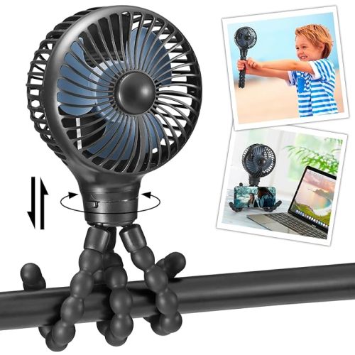 snawowo Mini Portable Baby stroller Fan, Auto Oscillating Battery Operated Personal Small Handheld Fan with Flexible Tripod, Rechargeable Clip On Fan for Car Seat Crib Treadmill Travel Camping Black - O-Black