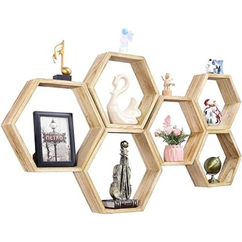 Hexagon Shelves for Wall Hexagonal Floating Shelves Wall Mounted Set of 6 Farmhouse Storage Wall Shelves Honeycomb Wooden Shelves Hanging Geometric Floating Shelf for Nursery Bedroom Living Room