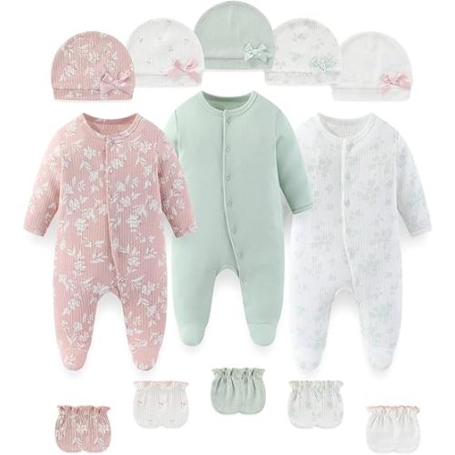Fashion Baby Boy Girl Clothing Set Cotton Soft 3-Piece Long Sleeve Button Rompers 5-Pack Hats&Gloves Infant Clothes