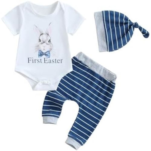 Newborn Baby Boy Easter Outfit First Easter Romper Bodysuit Striped Long Pants Hat Bunny Easter Clothes