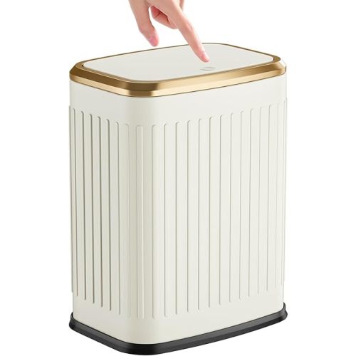 TIPGO Bathroom Trash Can with Lid, 2.1 Gallon / 8 Liter Small Garbage Can, Press Top Bin, Stainless Steel Wastebasket with Pop-Up Lid for Bedroom, Living Room, Office (Cream)