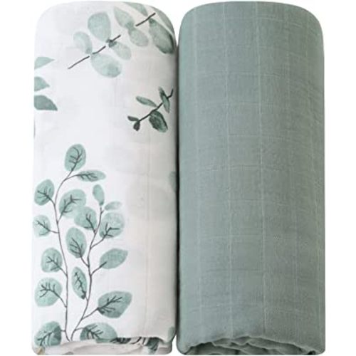 LifeTree Muslin Swaddle Blankets, 2 Pack Baby Swaddling Neutral Receiving Blanket for Boys & Girls, 70% Bamboo & 30% Cotton, Large 47" X 47" Eucalyptus Leaves/Sage