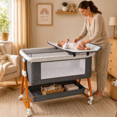 Kmaier Baby Bassinet Foldable Portable Bedside Crib,Storage Basket Breathable Mesh,Grey