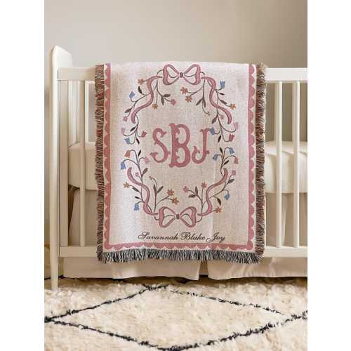 Monogram Baby Blanket Girl Baptism Gift Heirloom Crib Blanket Woven Fringe Nursery Pink Coquette Bow Baptism Quilt with Name