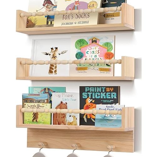 BIROLA Nursery Book Shelves with Beads Set of 3,Nursery Shelves for Bookshelf Wall,Wall Bookshelves for Kids，Bathroom Decor, Kitchen Spice Rack (Natural)