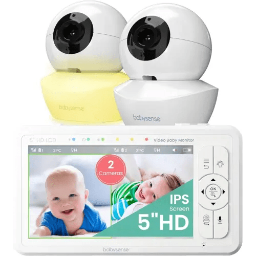 Babysense 5" HD Split-Screen Baby Monitor, Video Baby Monitor with 2 Cameras and Audio, Night Light, 1000ft Range, Two-Way Audio, 4X Zoom, Night Vision, 4000mAh Battery