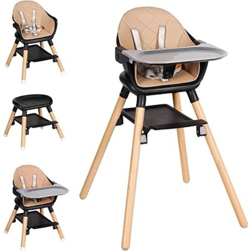 Baby High Chair, 6 in 1 Wooden Convertible High Chairs for Babies and Toddlers, Booster Seat with Double Tray & Reversible Footrest Baby Highchair, 5-Point Harness Baby Feeding Chair, Black