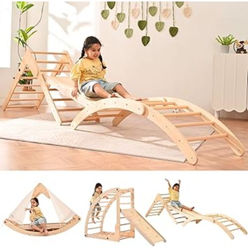 Climbing Toys for Toddlers Inside, Pikler Triangle Set with Rocker and Slide 8 in 1, Montessori Toys Toddler Climbing Toys Indoor, Baby Climbing Gym, Wooden Playground for Kids