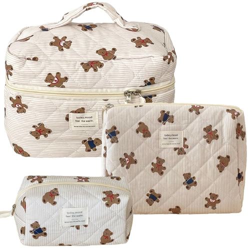 Beige MakeUp Bag Set 3PCS Quilted Make Up Pouch Cute Cotton Cosmetic Bag for Travel Striped Bear Large Toiletry Bag For Women(C)