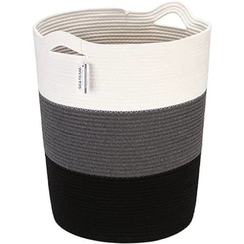 Sea Team Large Size Cotton Rope Woven Storage Basket with Handles, Laundry Hamper, Fabric Bucket, Drum, Clothes Toys Organizer for Kid's Room, 20 x 14 inches, Round Open Design, White & Black