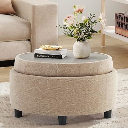 COLAMY Fabric Round Storage Ottoman with Reversible Tray Lid – Multi-Functional Footrest, Hidden Storage, Sturdy & Stylish Small Coffee Table for Living Room, Bedroom, or Entryway(Camel)