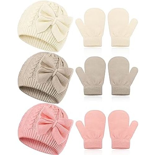 Amazon.com: 3 Set Toddler Hat Glove Set, Kids Winter Hats Warm Knitted Beanie Mittens Gloves with Bow for Baby Girls and Boys 0-6Y (White, Grey, Pink): Clothing, Shoes & Jewelry