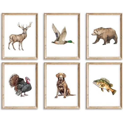 Hunting Animal Nursery Wall Art Baby Boy Room Canvas Wall Decor Vintage Woodland Animal Poster Mallard Duck Deer Bear Turkey Fish Hunting Dog Prints Artwork for Kids Bedroom 12x16x6 In Unframed