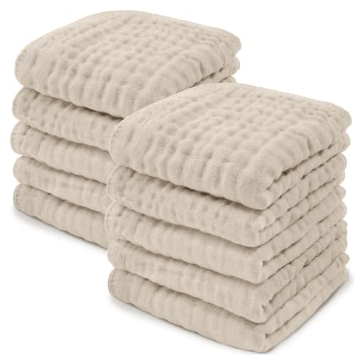 Comfy Cubs Muslin Baby Washcloths 10 Pack - Soft 6-Layer Cotton Wash Cloths for Sensitive Skin - 10"x10" Large, Gentle, Absorbent Infant Essentials for Newborn and Toddlers - (Sand)