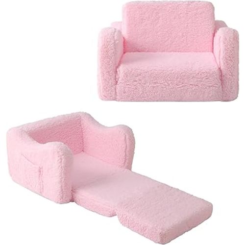 Sherpa Toddler Couch - Convertible Kids Sofa 2-in-1 Chair, Flip Open Playroom Furniture for Kids Ages 3-5, Modern Aesthetic Girls Nursery Decor with Premium Washable Cover, Pink