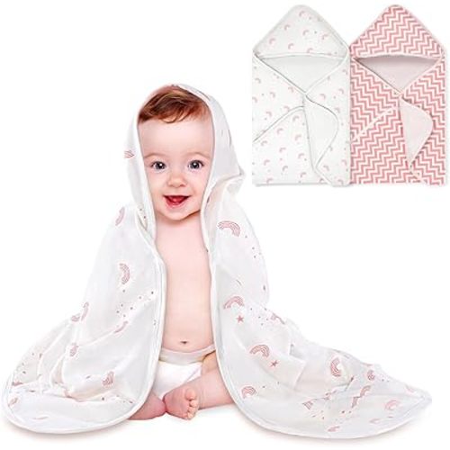 Baby Towels 2 Pack,Hooded Baby Towels Set,Baby Infant Bath Towels with Hood,Soft and Absorbent Nursery Towel,Large 28x28Inch,Newborn Essential(Rainbow & Pink Stripes)