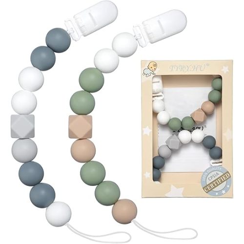Pacifier Clip for Baby Boys Girls, Soothie Pacifier Holder for Baby Boys Girls,Neutral Binky Clip for Baby Gift, 2 Pack(Gray, Mossy Green)