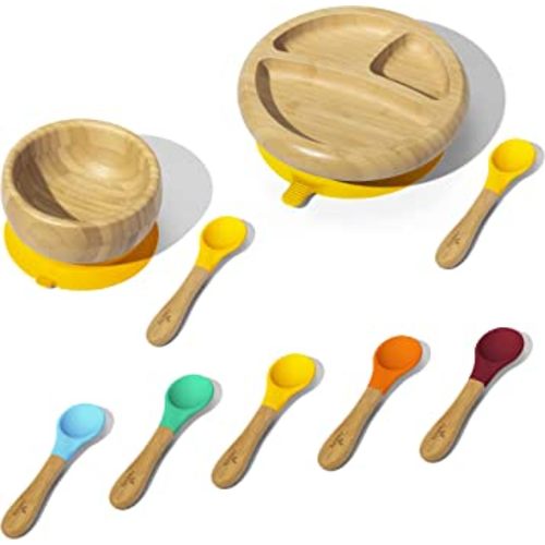 Avanchy Baby Divided Bamboo Plate, Bowl & Spoons Set - Baby Cutlery - Bamboo Kids Bowl - BPA Free Bowl - Bamboo Kids Utensils - Baby Divided Plate, Bowl, and Spoons Set, Yellow
