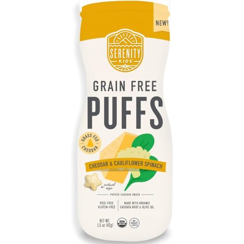 Serenity Kids 6+ Month Grain-Free Toddler & Baby Puffs - No Sugar, Gluten & Rice - BPA & Allergen-Free - With Organic Cassava, Veggies & Herbs, White Cheddar & Cauliflower - 6 Count