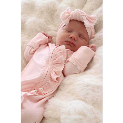 Picot Trim Bamboo Zipper Footie in Baby Pink | Caden Lane