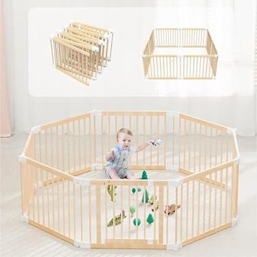 Foldable Wooden Playpen, Large Baby Gate Playpen with Door for Toddler and Babies, Safe Play Area Kids Activity Center (26" Tall, 8-Panel), New