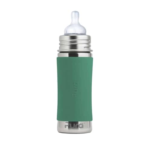 Pura Kiki 11oz/325ml Stainless Steel Infant Bottle w/Sleeve, Anti-Colic, Medical-Grade Silicone, Medium-Flow Nipple, for Babies 3 Months & Up - Mint
