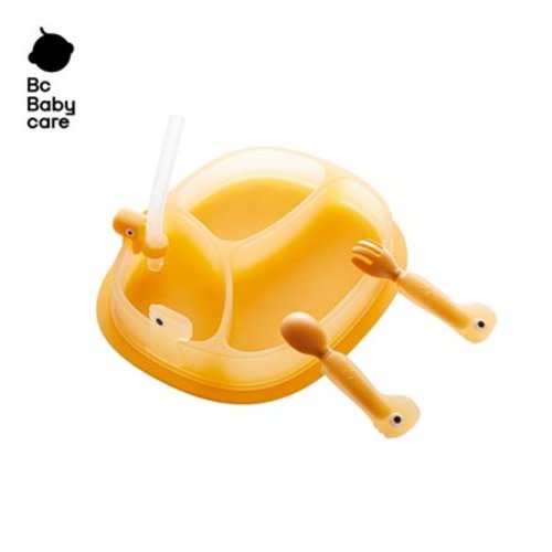 Bc Babycare Baby Plate, Dinosaur Silicone Suction 2-in-1 Plate with Straw, Spill Proof, BPA-Free, Training & Feeding Divided Grip Dish, Orange