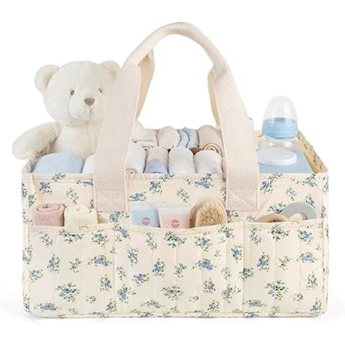 Blue Floral Lemoobolsa Baby Diaper Caddy Organizer with Portable Changing Mat-Portable Baby Organizers and Storage, Baby Essentials Organizer with Removable Dividers (Blue Floral)