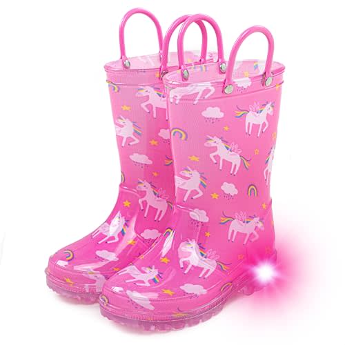 Hbxooxts Toddler Light Up Rain Boots for Girls Boys Waterproof Rain Boots with Handles Outdoors Kid Rain Boots
