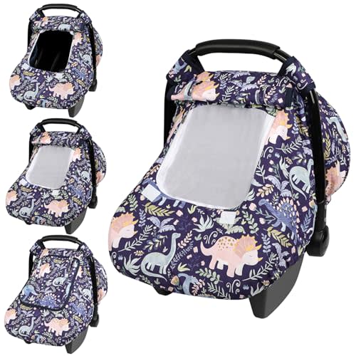 Pea Pod Winter Baby Car Seat Cover for Newborn, Warm Infant Car Seat Canopy Covers with 2 Layers Windows of Breathable Mesh/Fabric, Lightweight Polyester/Thick Minky Dot Backing (Dniosaur)