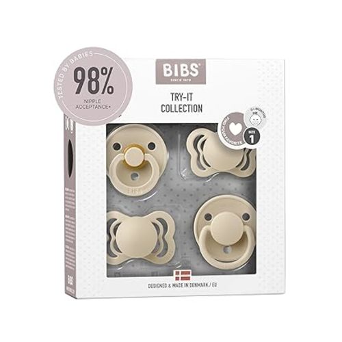 BIBS Try-It Collection | 4-Pack Soothers | BPA-Free Round, Anatomical & Symmetrical Nipple | Natural Rubber Latex/Silicone | Made in Denmark | 0-6 Months | Vanilla