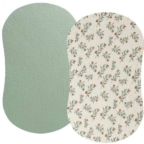 Muslin Bassinet Sheet Compatible with Halo Bassinest Swivel Flex Glide Premiere & Luxe Series Sleeper 2 Pack Cotton Stylish Boho Fitted Bassinet Sheets Super Soft for Baby Roman Green & Botanical Leaf