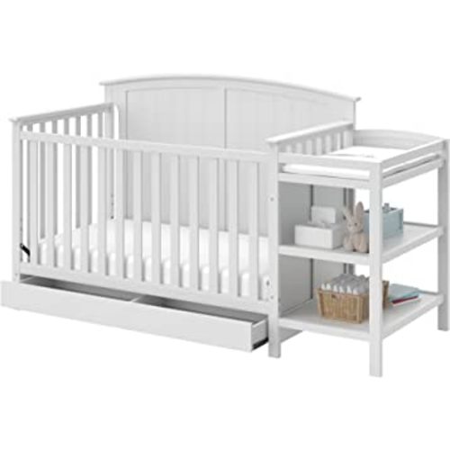 Storkcraft Steveston 5-in-1 Convertible Crib and Changer with Drawer (White) – GREENGUARD Gold Certified, Crib and Changing Table Combo with Drawer, Converts to Toddler Bed, Daybed and Full-Size Bed