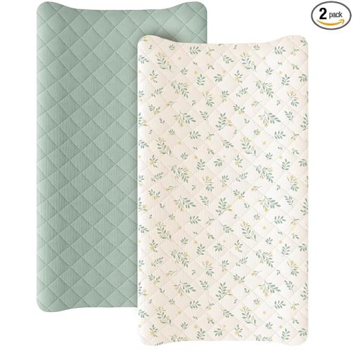 Konssy Waterproof Muslin Changing Pad Cover 2 Pack, Quilted Cotton Fitted Diaper Changing Table Cover, Soft Changing Pad Sheets for Girls Boys (Leafy,Green)