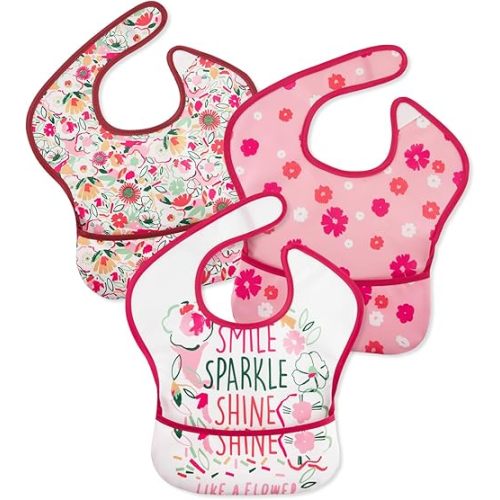 Mess Proof Baby Bib 3 Pack, Waterproof Led Weaning Baby Feeding Bibs with Food Catcher, Travel Feeding Bibs