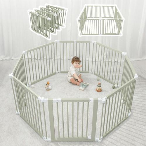 Baby Playpen & Baby Gate for Toddler and Babies, Foldable Wooden Large Shape Playpen with Locking Gate by Comfy Cub - Natural Wood